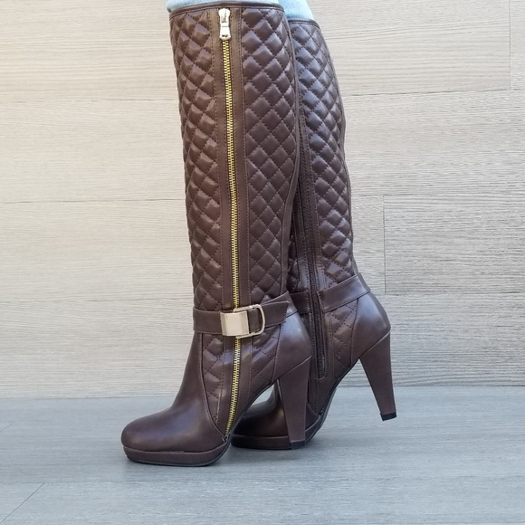 Knee High Heel Boots Brown Vegan Leather and fur - Picture 4 of 8